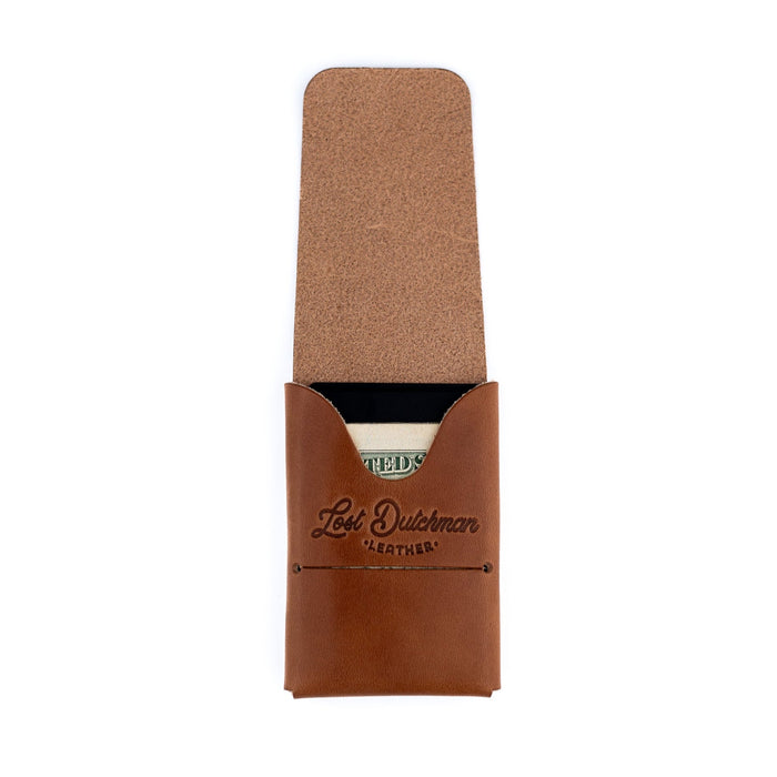 Brown leather cardholder with 'Lost Dutchman Leather' branding on a white background