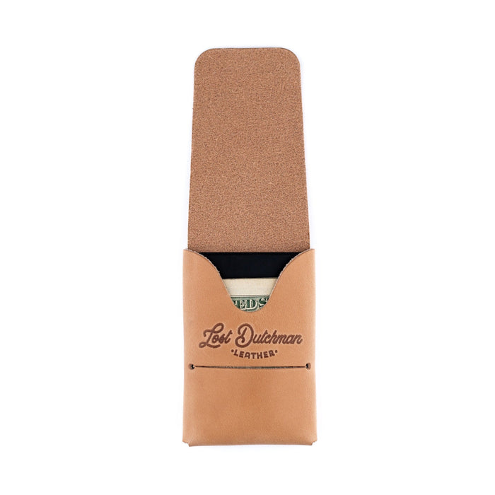 Brown leather case with a visible brand logo on a white background