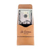 Tan leather wallet with a dollar bill inside, branded 'Lost Dutchman Leather', on a white background.