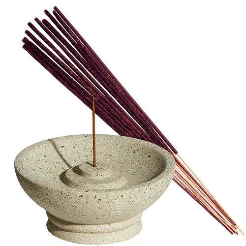 Incense stick holder with purple incense sticks on a transparent background