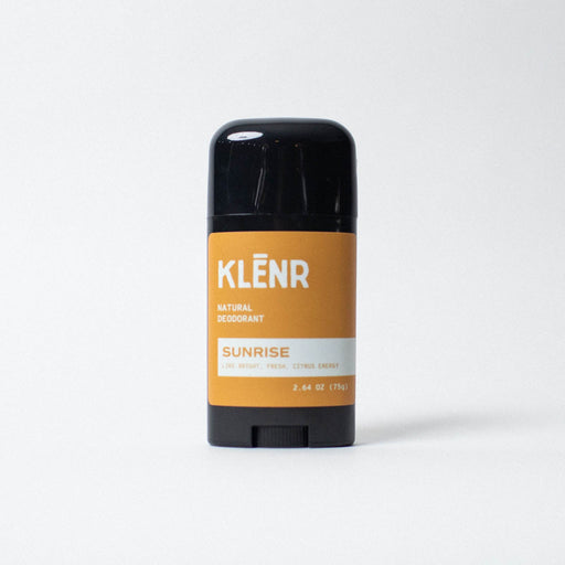 Klenr natural deodorant stick with orange label on a white background