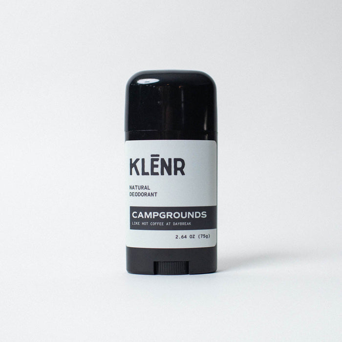 Klenr natural deodorant stick labeled 'Campgrounds' on a white background