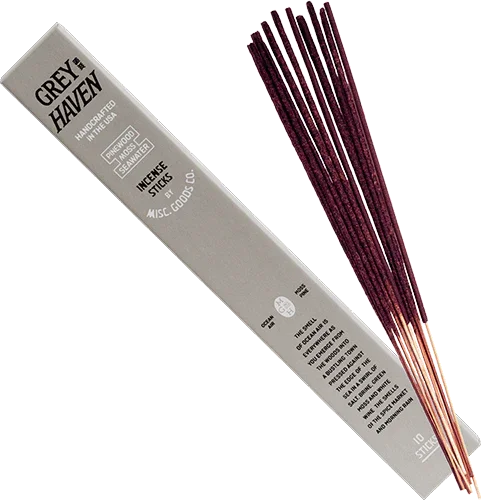 Incense sticks with packaging labeled 'Grey Haven' on a white background
