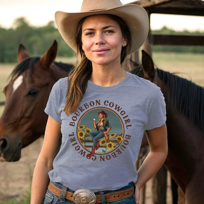 Bourbon Cowgirl Logo Heather Blue Tee Shirt