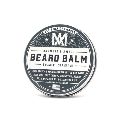 Beard balm container with label on a white background