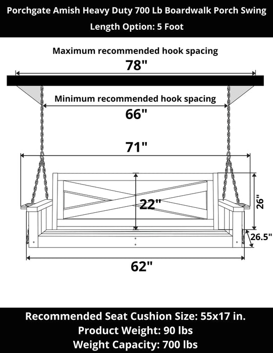 Porchgate Amish Heavy Duty 700 Lb 5-Foot Boardwalk Porch Swing - Oak Stain