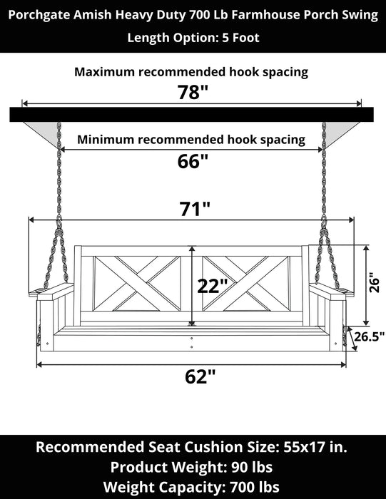 Porchgate Amish Heavy Duty 700 Lb 5-Foot Farmhouse Porch Swing - Pure White