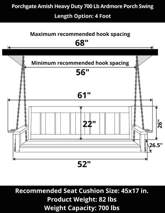 Porchgate Amish Heavy Duty 700 Lb 4-Foot Ardmore Porch Swing - Dovetail Grey
