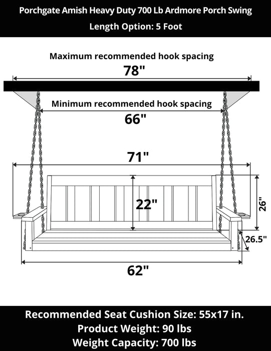 Porchgate Amish Heavy Duty 700 Lb 5-Foot Ardmore Porch Swing - Unfinished