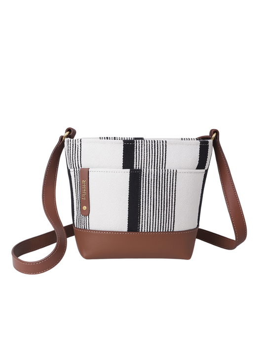 Betsy Bucket Bag | Black and White Woven + Brown Leather