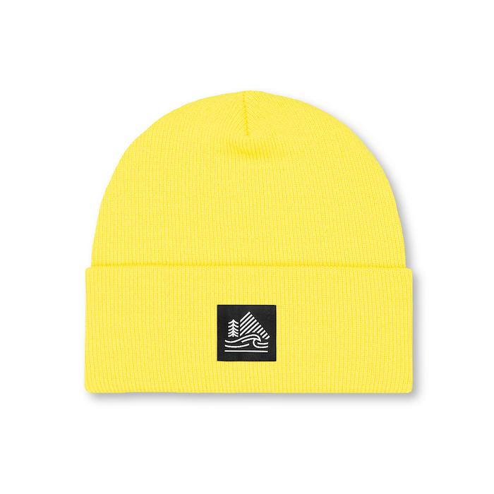 Yellow beanie with a black logo on a white background