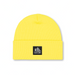 Yellow beanie with a black logo on a white background