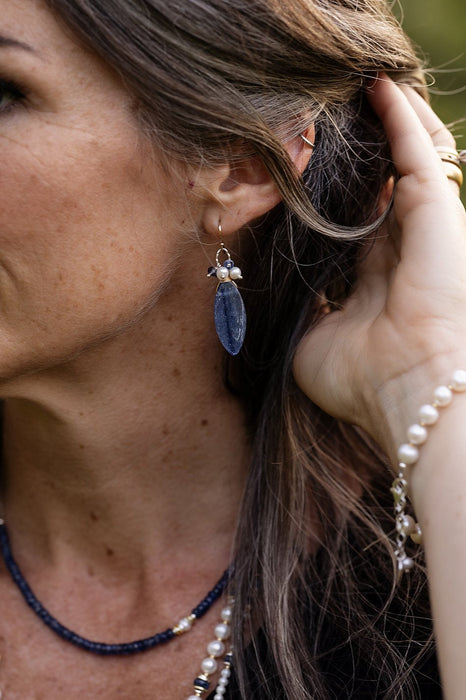 Seaside Kyanite Briolette & Pearl Mixed Metal Cluster Earrings