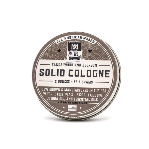 Solid cologne container with label on a white background