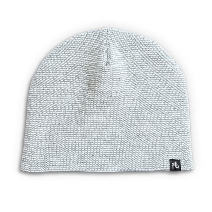Gray knit beanie with a small logo on a white background
