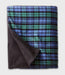 A folded plaid blanket with a blue, green, and black tartan pattern and a dark brown sherpa fleece backing, shown on a light gray background.