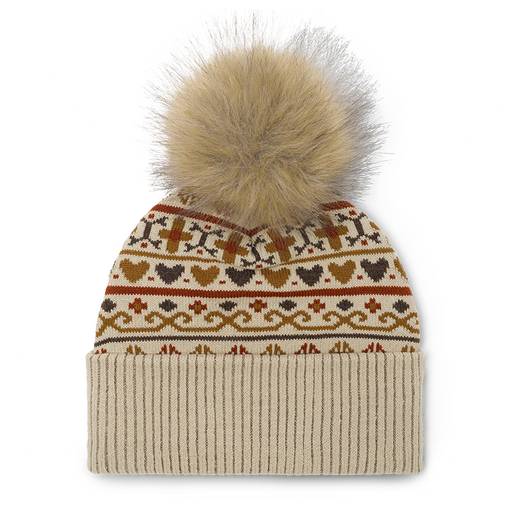 Knitted beanie with a pattern and fur pom-pom on a white background