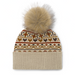 Knitted beanie with a pattern and fur pom-pom on a white background