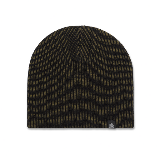 Black knit beanie with a brand logo on a white background