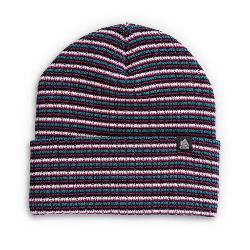 Striped beanie with a brand logo on a white background