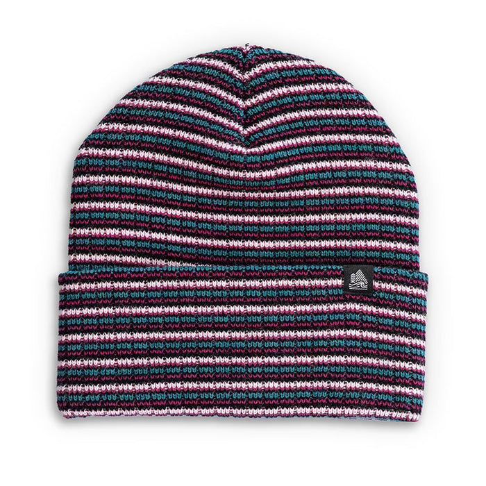 Striped beanie with a brand logo on a white background