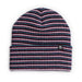 Striped beanie with a brand logo on a white background