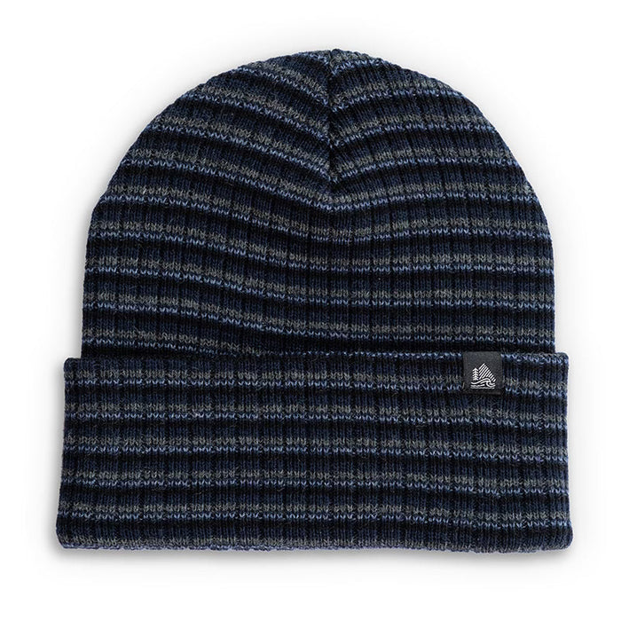 Navy striped beanie with Adidas logo on a white background
