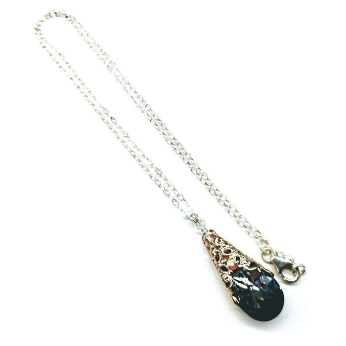Rose Gold Filigree Wrap Crystal Black Diamond Pendant Necklace