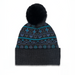 Knitted beanie with patterned top and black pom-pom on a white background