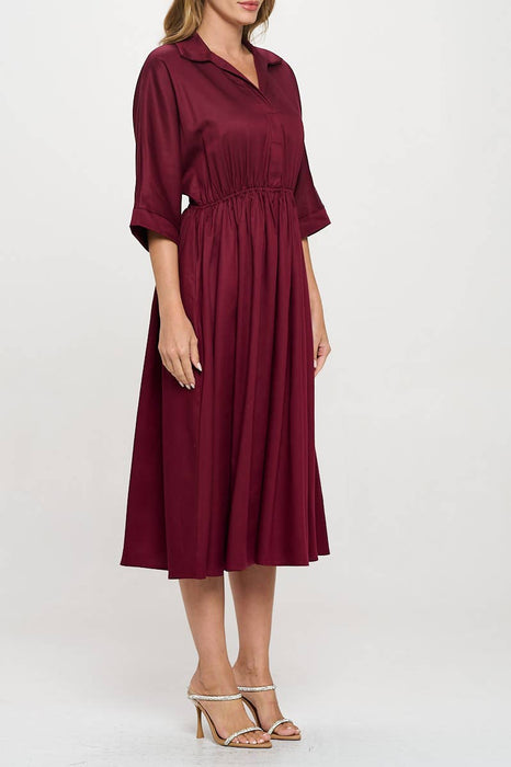 Made in USA Tencel Collared V neck Midi Dress with Pockets