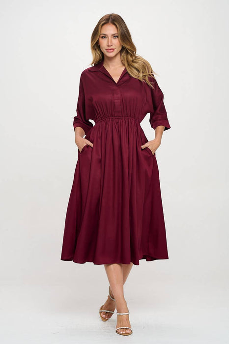 Made in USA Tencel Collared V neck Midi Dress with Pockets