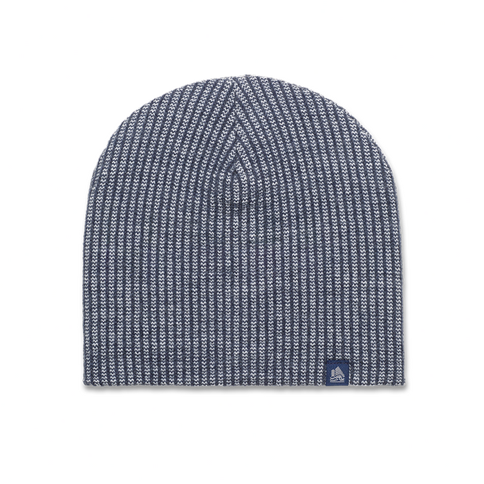 Gray knit beanie with a logo on a white background