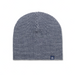 Gray knit beanie with a logo on a white background