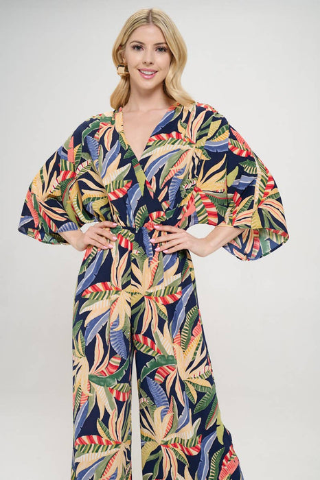 Made in USA Tropical Print V neck Wide Leg Jumpsuit