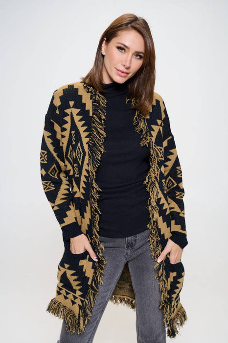 Tribal Print Cardigan with Fringe Detail and Tie
