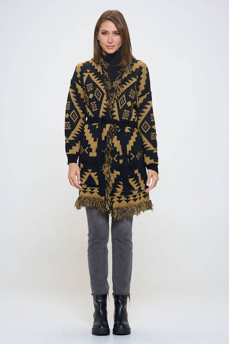 Tribal Print Cardigan with Fringe Detail and Tie