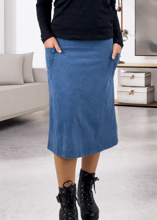 Alyssa Very Versatile Cotton Skirt in Dark Grey-Blue Denim