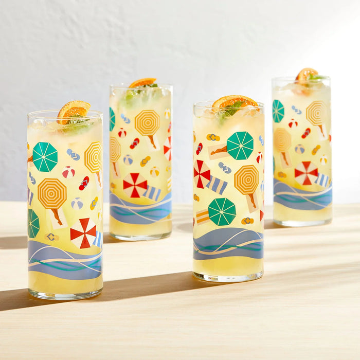 Vintage Beach Scene Cooler Glasses, 16 ounce, Set of 4