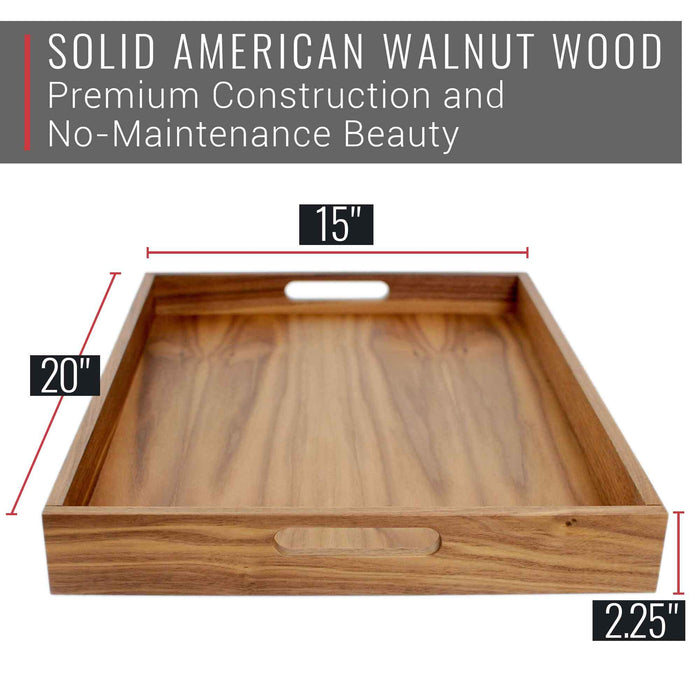 Rectangular Walnut Wood Serving and Coffee Table Tray with Handles