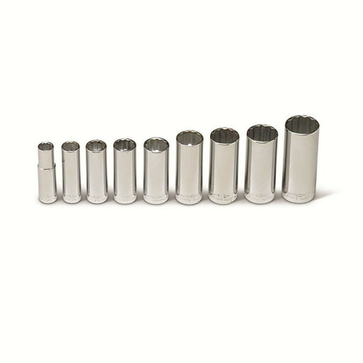 Set of ten metallic sockets arranged in a row on a white background