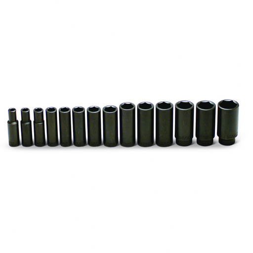 Set of black hex sockets arranged in a row on a white background