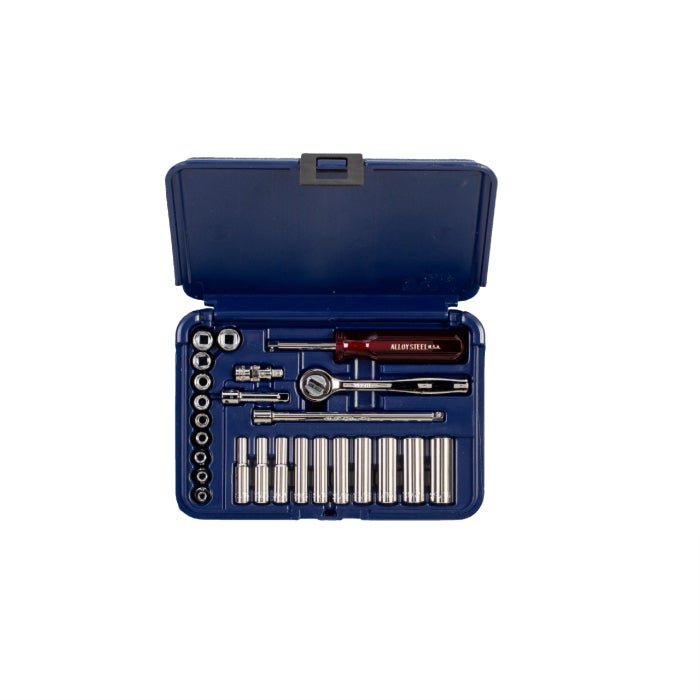 Blue tool case with various tools on a white background