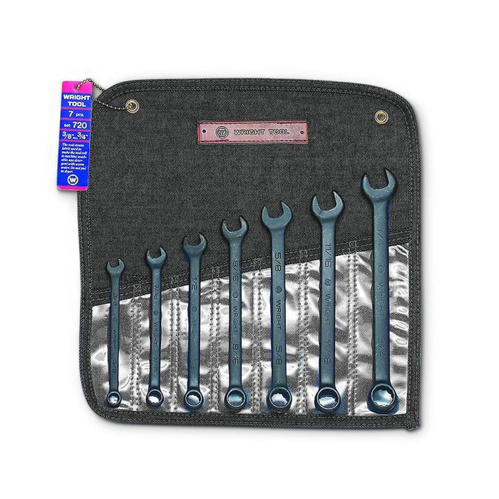 Set of wrenches in a black tool pouch with a white background