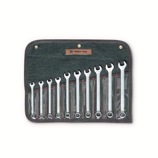 Set of wrenches in a black tool roll with Wright Tool logo on a white background